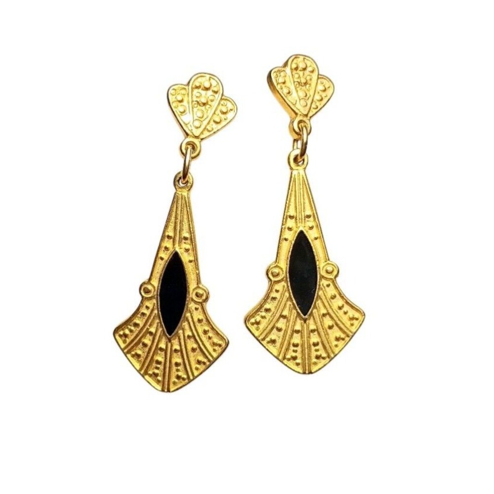 Vintage Art Deco style Satin Gold tone Black Enamel Dangle Earrings